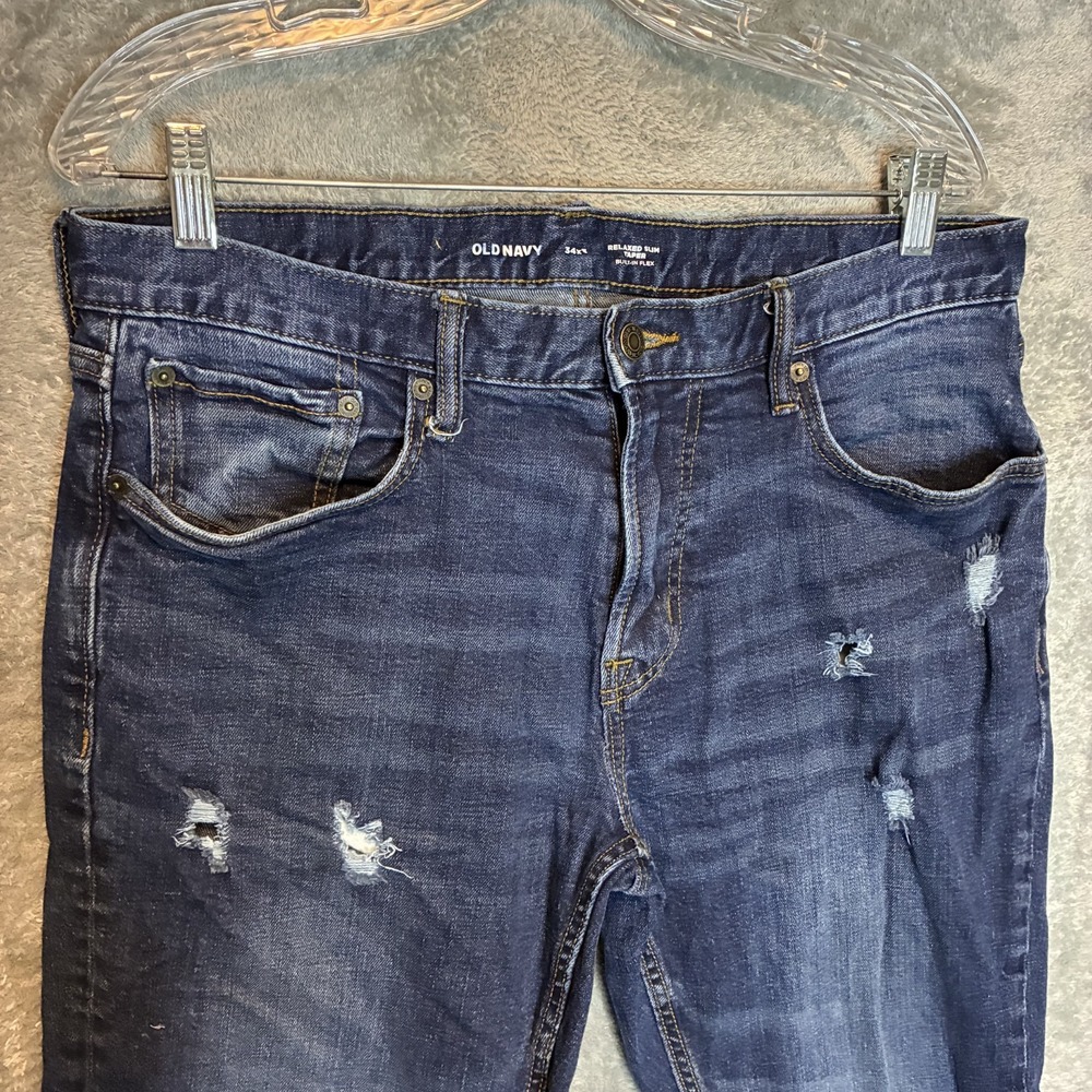 Old Navy Men Relaxed Slim Tapered Jean 34x32 Distressed Denim Dark Wash Athletic